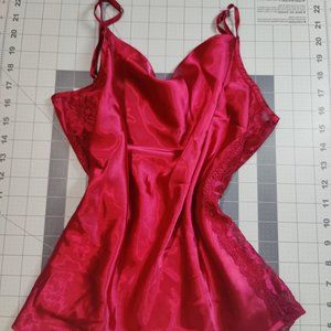Red satin cowl neck tank top with lace detailing on the side - S